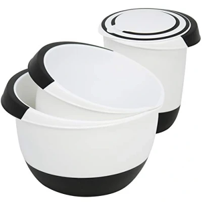 Afbeelding van COM FOUR® 3x mengkommen in verschillende maten, met aanslagvoet, schenktuit en antislip handvat (03 stuks wit. zwart)