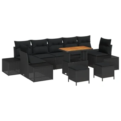 Afbeelding van vidaXL 10 Delige Tuin Sofa Set met Kussens Zwart Poly Rattan Acacia, 2 Zits Rattan, 3 Eettafel Acacia