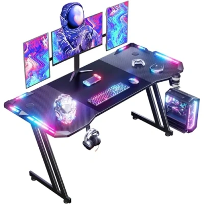 Afbeelding van HLONONE 160 x 60cm Gaming Bureau met LED, Gamingtafel koolstofvezel tafelblad, Ergonomische PC tafel voor studie, spelen en werken, Z vorm, Computerbureau Bekerhouder Hoofdtelefoonhaak, Zwart