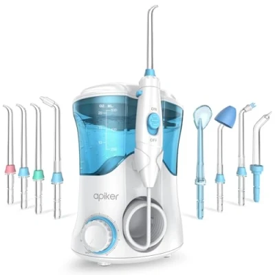 Afbeelding van Apiker Elektrische monddouche, orale irrigator met 8 multifunctionele sproeiers en 10 verschillende prints voor mondhygiëne, professionele interdentale reiniger familie reizen, 600 ml (wit)