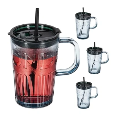Afbeelding van Relaxdays drinkglazen met handvat set van 4 cocktailglazen rietje en deksel 450 ml