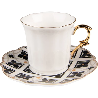 Afbeelding van Clayre &amp; Eef Kop en schotel 95 ml Wit Zwart Porselein Servies