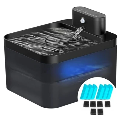 Afbeelding van Kattenfontein, draadloos, 2,2 l, drinkfontein voor katten, met bewegingsmelder, kattendrinkfontein, stille waterpomp led, werkt op batterijen, 2600 mAh, 6 koolfilters + sponzen