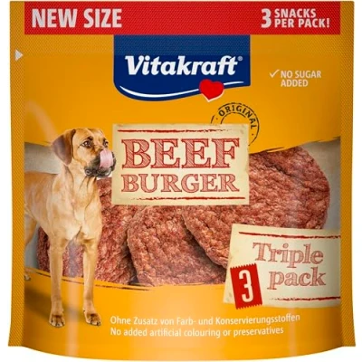 Afbeelding van Vitakraft Beef Burger, hondenlekker, vlezige snack in verpakking van 3 stuks, ideaal om mee te nemen, zonder toevoeging suiker (1 x stuks)