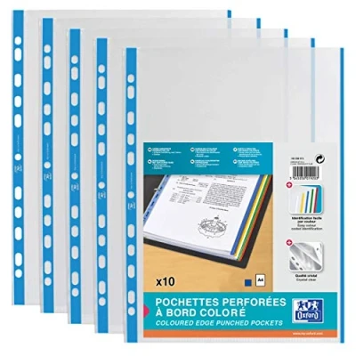 Afbeelding van ELBA 100206873 brochurehoezen DIN A4 met gekleurde rand in blauw verpakking van 100 stuks, glashelder, niet verblindend, onuitwisbaar, open bovenaan.