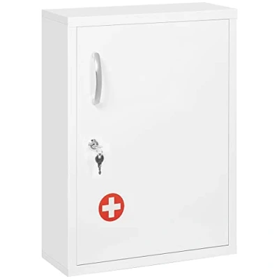 Afbeelding van Kleankin medicijnkast, apothekerskast met 3 planken, afsluitbare wandgeneeskundekast, EHBO kast, medicijnkast 2 sleutels, staal, wit, 40 x 15 53,5 cm