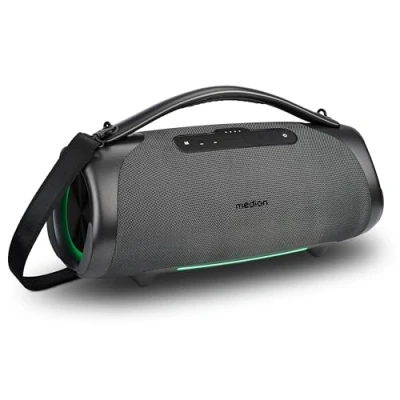 Afbeelding van MEDION P61768 draagbare Bluetooth luidspreker (oplaadbare batterij, bass boost, RGB lichteffecten, IPX7 waterbescherming &amp; robuust, geïntegreerde powerbank, 100W (RMS) totaal, 2x 25W + 50W) Blauw