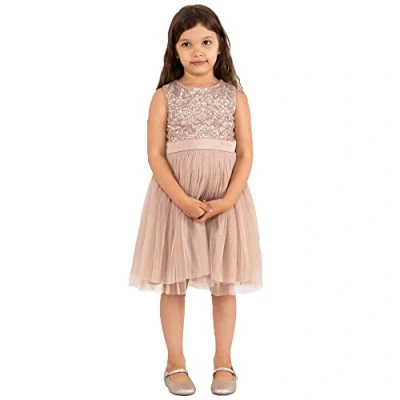 Afbeelding van Maya Deluxe Midi jurk voor meisjes, pailletten, feestjurk, tutu, bruidsmeisjes, bruiloft, met ceintuur, Taupe Blush, 9 10 jaar