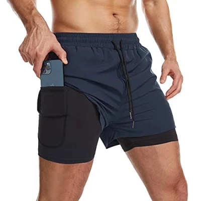 Afbeelding van Danfiki Sportshorts 2 in 1 voor mannen, ademend, met zakken, sneldrogende sportbroek zak, sportlegging, Base Layer Stretch, marineblauw, XL