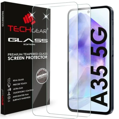 Afbeelding van TECHGEAR 2 stuks glazen schermbeschermer voor Samsung Galaxy A35 5G/A35, Glass Edition Screen Protectors Cover [2.5D ronde rand] [9H hardheid] [kristalhelderheid] [krasbestendig] [Geen luchtbel]