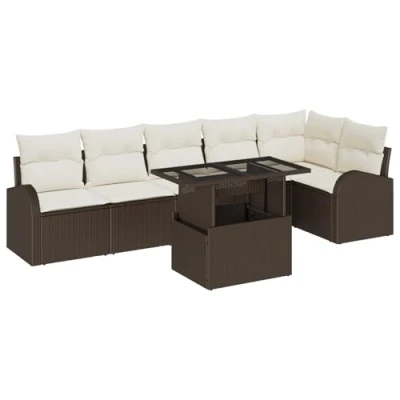 Afbeelding van vidaXL 7 delige Tuin Sofa Set met Kussens Bruin Poly Riet, 2 zits Opslag &amp; Riet