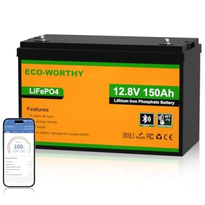 Afbeelding van ECO WORTHY LiFePO4 Bluetooth 150 Ah 12 V batterij met 120 A BMS Low Temp bescherming en tot 15000 cycli, 1920 Wh lithiumbatterij voor camper, caravan, boot, complete set