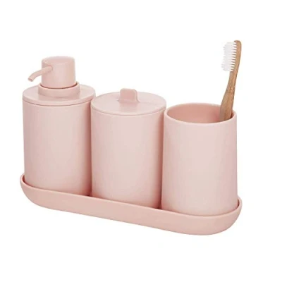 Afbeelding van iDesign Badkamerset, vierdelige badset met zeepdispenser, tandenborstelhouder, wattenschijfdispenser en dienblad van kunststof, badkameraccessoires voor de wastafel, roze, 24,5 cm x 8,9 16,2