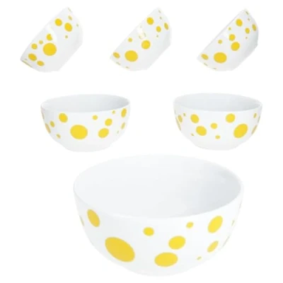 Afbeelding van MamboCat Pula Gele set van 6 mueslikommen 14 cm, 400 ml, witte porseleinen kom met stippen voor personen, schaaltjes salade, soep, muesli, chips enz.