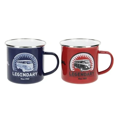 Afbeelding van BRISA VW Collection Volkswagen T1 Bus Transporter Emaille Moks 2er Set 350ml IN Gift Box Legendary/Rood &amp; Blauw