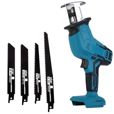 Afbeelding van Accu reciprozaag voor Makita 18 V accu, lemmetslag 20 mm, met 4 zaagbladen, 0 3000 rpm/min, ideaal het snijden van hout en metaal