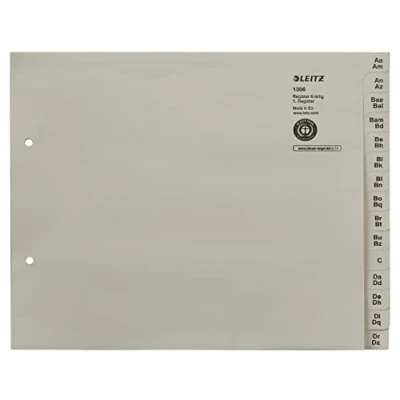 Afbeelding van Leitz tabbladen met en alfabetische opdruk A Z voor 6 mappen, halve hoogte overbreedte, grijs, 100% gerecycled papier, Blauer Engel Zegel, 13060085
