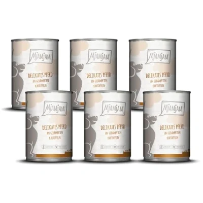 Afbeelding van MjAMjAM Premium natvoer voor honden fijn paard met gestoomde aardappelen, pak van 6 (6 x 400g), graanvrij extra vlees