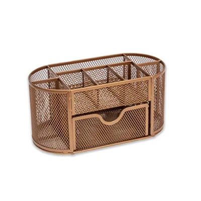 Afbeelding van OSCO Rosegold Wiremesh organizer met lade, opgeruimd bureau pennenhouder kantooropslag potloodopslag 8 compartimenten briefpapier Caddy H10,5 x B22 D11 cm