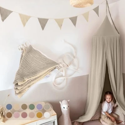 Afbeelding van LILIMAUS Vlaggenketting van stof, voor de kinderkamer, 100% katoen, handgemaakte slinger, mousseline, huisbed, decoratie meisjes en jongens, slinger babykamer
