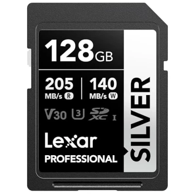 Afbeelding van Lexar Professionele SILVER SD kaart 128 GB, SDXC UHS I geheugenkaart, tot 205 MB/s lezen, 140 schrijven, klasse 10, U3, V30