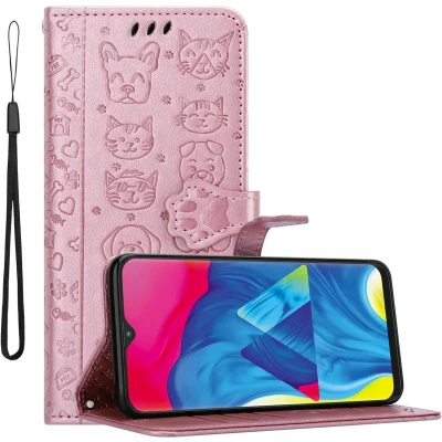 Afbeelding van Cadorabo Hoesje geschikt voor Samsung Galaxy A10 / M10 in SHINY ROSE GOUD Beschermhoes honden en katten met standfunctie kaartsleuven Book Case Cover Etui
