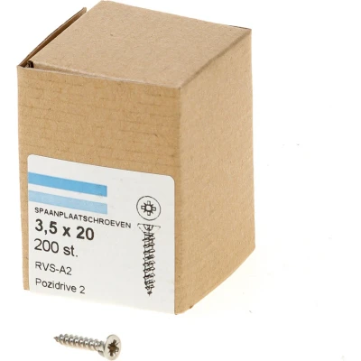 Afbeelding van spaanplaatschroeven RVS platverzonken kop PZ2 voldraad 3.5X20 (per 200 stuks)