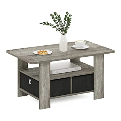 Afbeelding van Furinno Andrey Salontafel met 2 laden, hout, Frans eiken, grijs/zwart, 48,01 x 39,62 cm