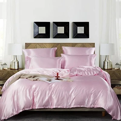 Afbeelding van Damier Beddengoed 135 x 200 cm roze satijn dekbedovertrek set glad glanzend hoogwaardig deluxe met ritssluiting en kussensloop 80