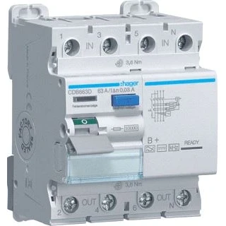 Afbeelding van Hager aardlekschakelaar 4 polig 63a 400v 0 03a type b lcw 10ka mod ip20 cdb663d