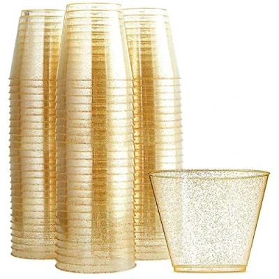 Afbeelding van KAHEIGN 60 stuks partybekers, plastic dessertbekers met gouden glitter, 270 ml, ronde dessertbekers, transparant, herbruikbaar, voor whisky, pudding, mousse, party (7 x 8,5 cm)