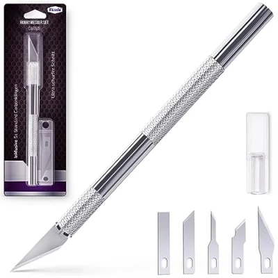 Afbeelding van Filzada® Scalpel met 5x vervangende mesjes (verschillende vormen) Ambachtsmes ideale precisie Zilver