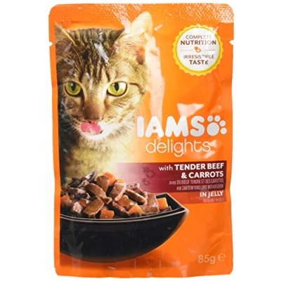 Afbeelding van Iams Delights kattenvoer nat met sappig rundvlees en wortels in gelei, volwaardig natvoer voor volwassen katten, 24 x 85 g zak