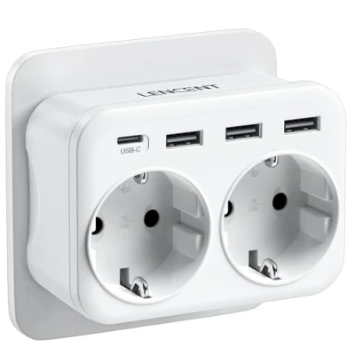 Afbeelding van LENCENT Ladron Stopcontact, 4000 W, 6 in 1, 2 AC uitgangen, 3 USB en 1 type C, multiwand, mobiele telefoonlader, geschikt voor familie, keuken kantoor
