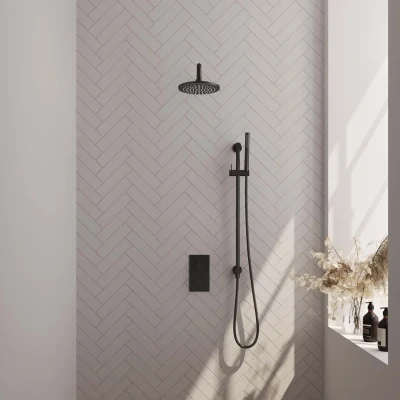 Afbeelding van BRAUER Black Edition thermostatische inbouw regendouche 3 weg omstelling SET 39 met 20 cm douchekop en gebogen muurarm staaf handdouche