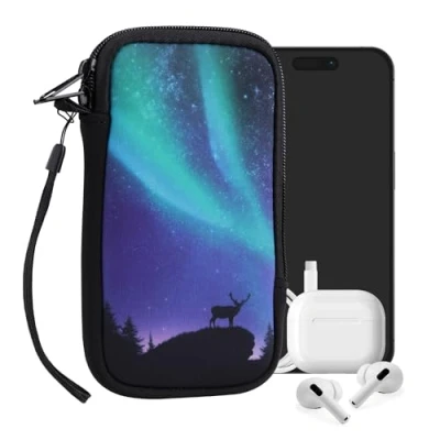 Afbeelding van kwmobile hoesje voor smartphones L 6,5&quot; hoes van Neopreen Noorderlicht Hert design turquoise / blauw zwart binnenmaat 16,5 x 8,9 cm