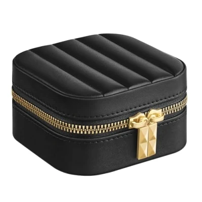 Afbeelding van SONGMICS HOME ANAH Collection JBC179B01 Sieradendoosje voor op reis, kleine sieradenorganizer met spiegel, 10,5 x 6 cm, PU oppervlak naden, draagbaar, ritsen, cadeau idee, inktzwart