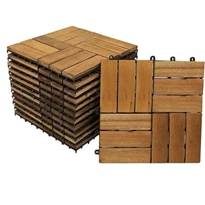 Afbeelding van Voordeelset van 33 houten tegels 02 voor 3 m², terrastegels acaciahout, tegel met 12 latten tuin, terras, balkon, vloerbedekking drainage onderbouw