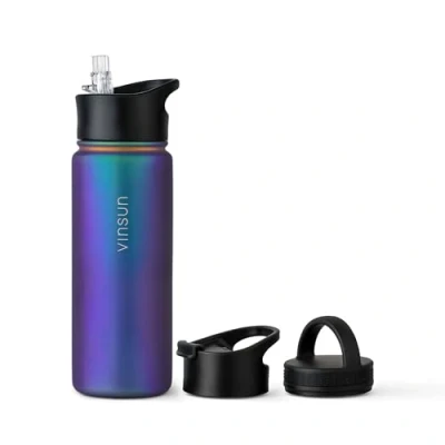 Afbeelding van Vinsun Roestvrijstalen Drinkfles met Rietje 500ml 3 Deksel Lekvrij Waterfles, Geschikt voor Koolzuur, BPA Vrij Thermosfles Sport, School, Gym