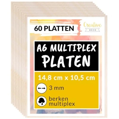 Afbeelding van Creative Deco 60 x A6 Multiplex Platen 3mm 148 105 3 mm Berkenhout Perfect voor Pyrografie, Lasersnijden