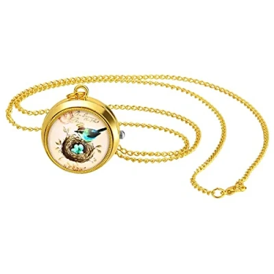 Afbeelding van JewelryWe Vintage Zakhorloge voor Vrouwen Klassiek Verguld Ronde Analoge Quartz Horloge Klok Hanger Ketting met Ketting, Moederdag, Vogel b