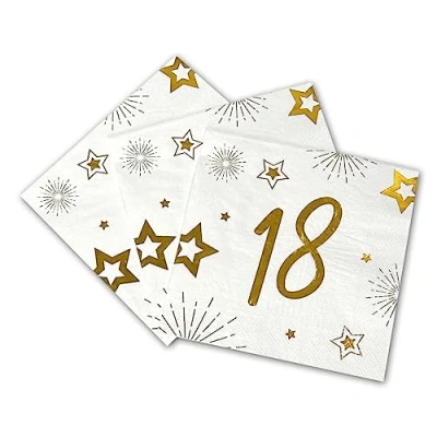 Afbeelding van Tralala Fêtes® 16 servetten voor de 18e verjaardag wegwerpservetten van papier, 3 lagen, feestelijke decoratie, wit en goud (goud), 33 x cm opengeklapt (18 jaar)