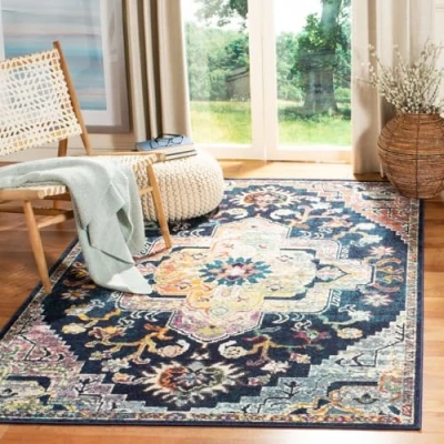 Afbeelding van SAFAVIEH Boho tapijt voor woonkamer, eetkamer, slaapkamer kristalcollectie, laagpolig, marineblauw en fuchsia, 122 x 183 cm