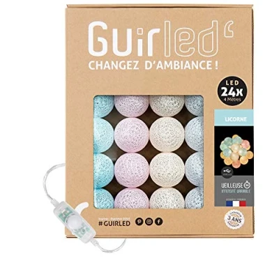 Afbeelding van Lichtsnoer met bollen van katoen, USB, babylicht, 2 uur, voedingsadapter A, 3 intensiteiten, 24 ballen, 2,4 m, eenhoorn