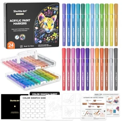 Afbeelding van Shuttle Art 24 metallic acrylstiften voor stenen, waterbestendig, stenen beschilderen stiften, set met automatische inktbediening, acrylmarker penseelpunt, acryl stiften hout, paaseieren