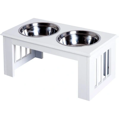 Afbeelding van PawHut verhoogde hondenbak, voerbak, rvs bak, huidieren MDF, wit, 58,4 x 30,5 25,4 cm