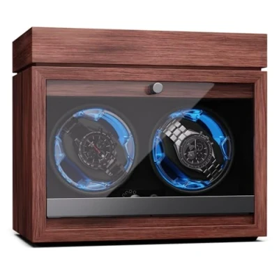 Afbeelding van Brienz 2 watchwinder, horloges, 4 modi, houten look, blauwe binnenverlichting, sieradenvakje
