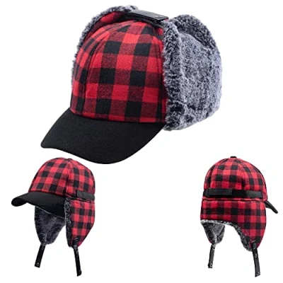 Afbeelding van Winter Mannen Plaid Piloot Aviator Oorklep Hoed Buffalo Elmer Warm Trapper Cap Hunter Bomber Jacht Rood
