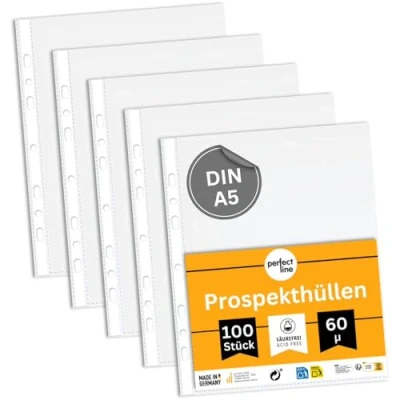 Afbeelding van perfect line 100 insteekhoezen DIN A5, transparante films, korrelig, stabiele premium heldere zuurvrij, made in EU
