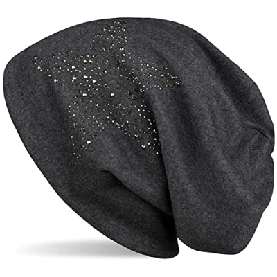 Afbeelding van styleBREAKER muts met strass klinknagels ster en edelstenen in zilver antraciet kleuren, slouch longbeanie, unisex 04024087, Kleur:Antraciet gevlekt
